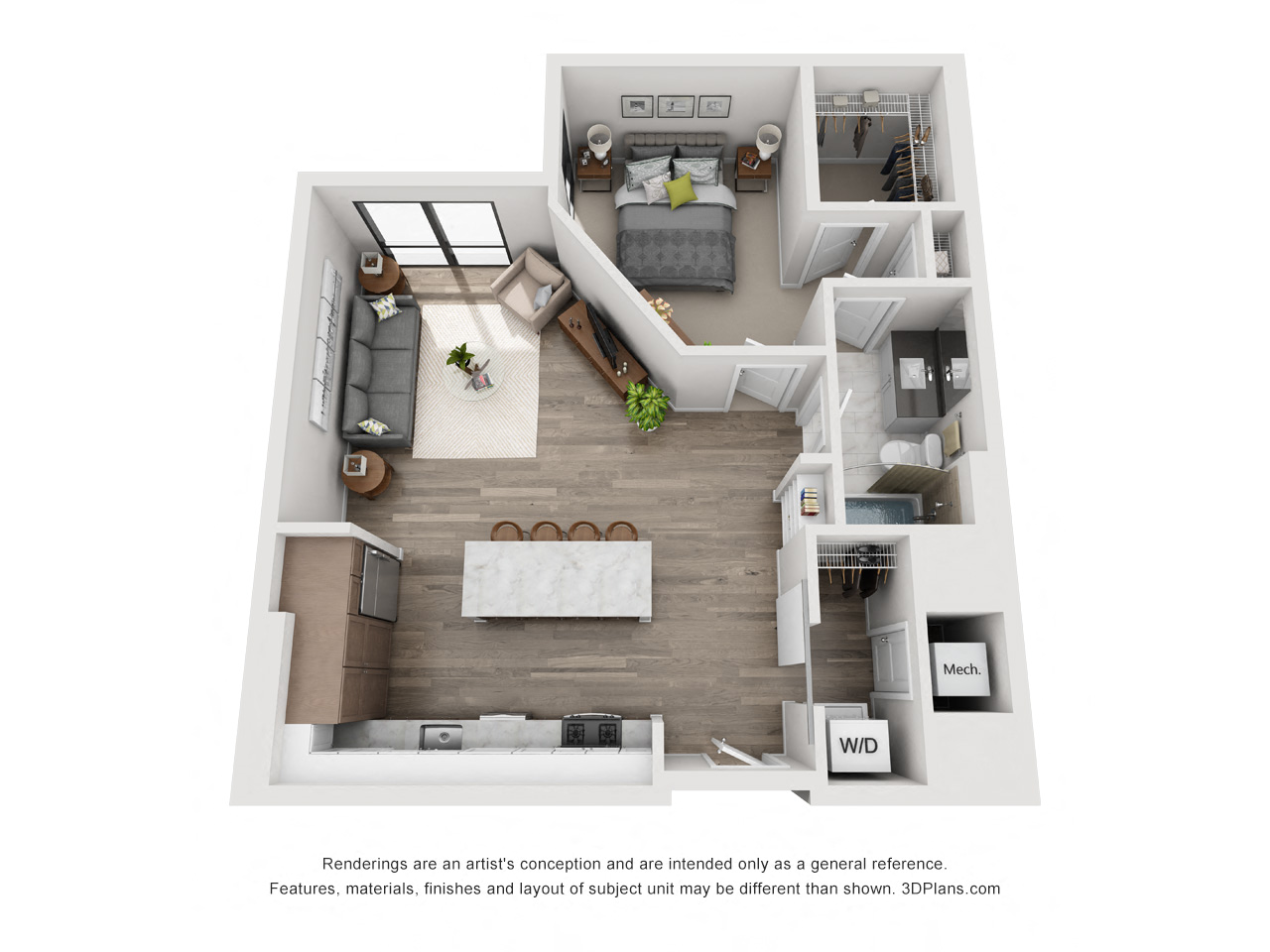 Floor plan for 1 bed, 1 bath, 792 sqft